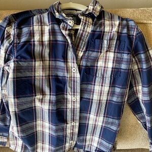 Blue, white, red button down.